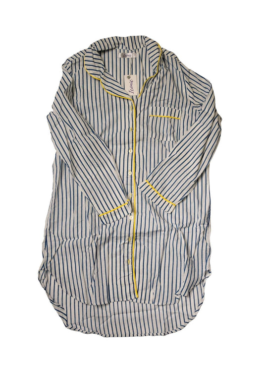 Long Sleeve Sleepshirt in Blue and White Stripe with Yellow Piping