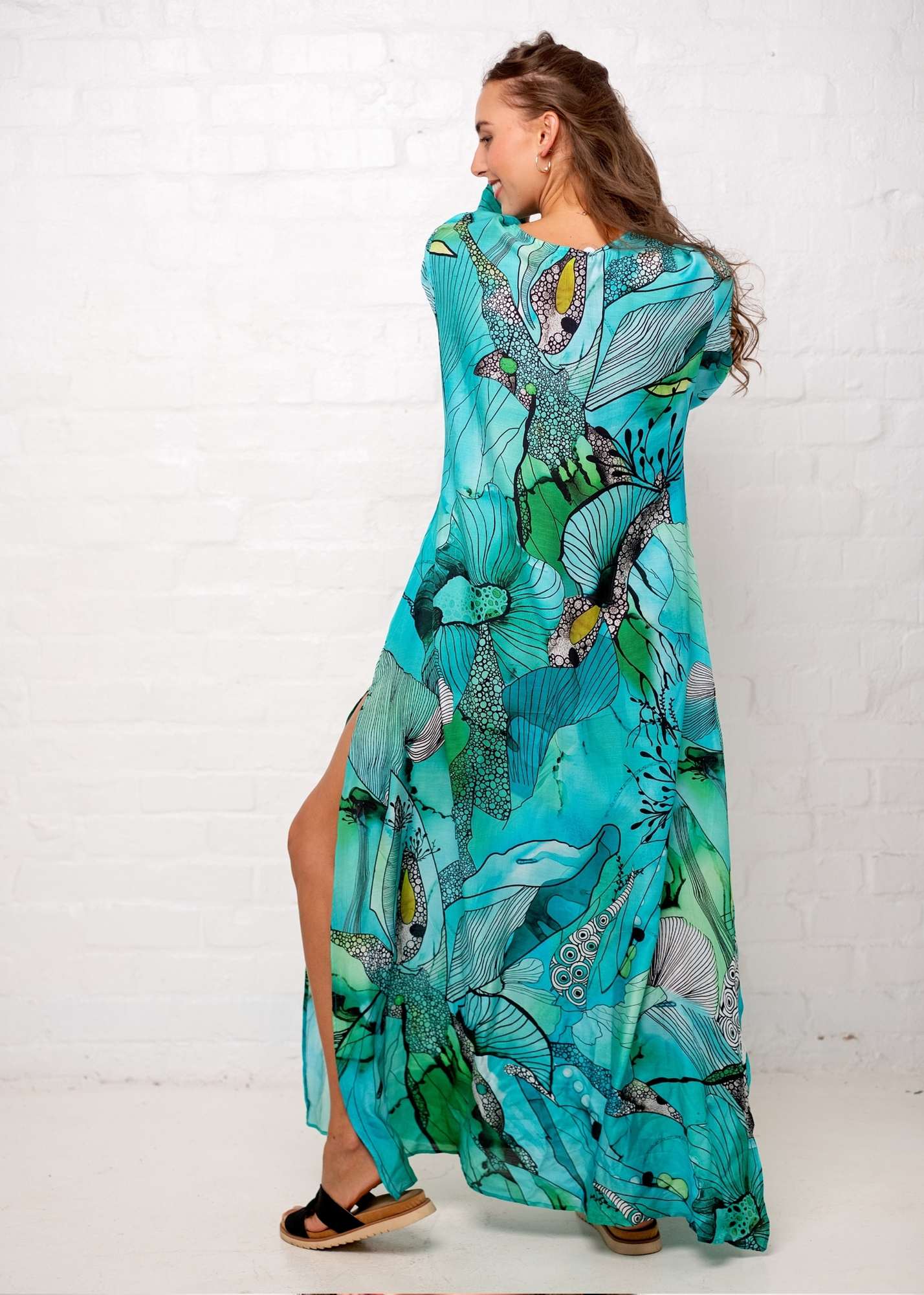 Lanira Dress in Green and Turquoise Flower Print