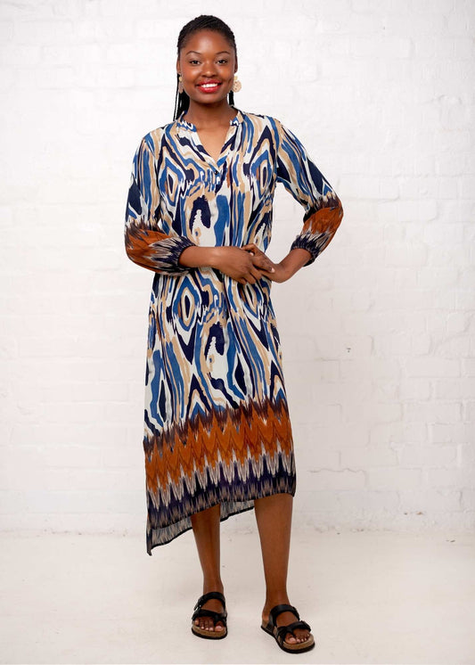 Carli Dress in Taupe and Blue Marble Print