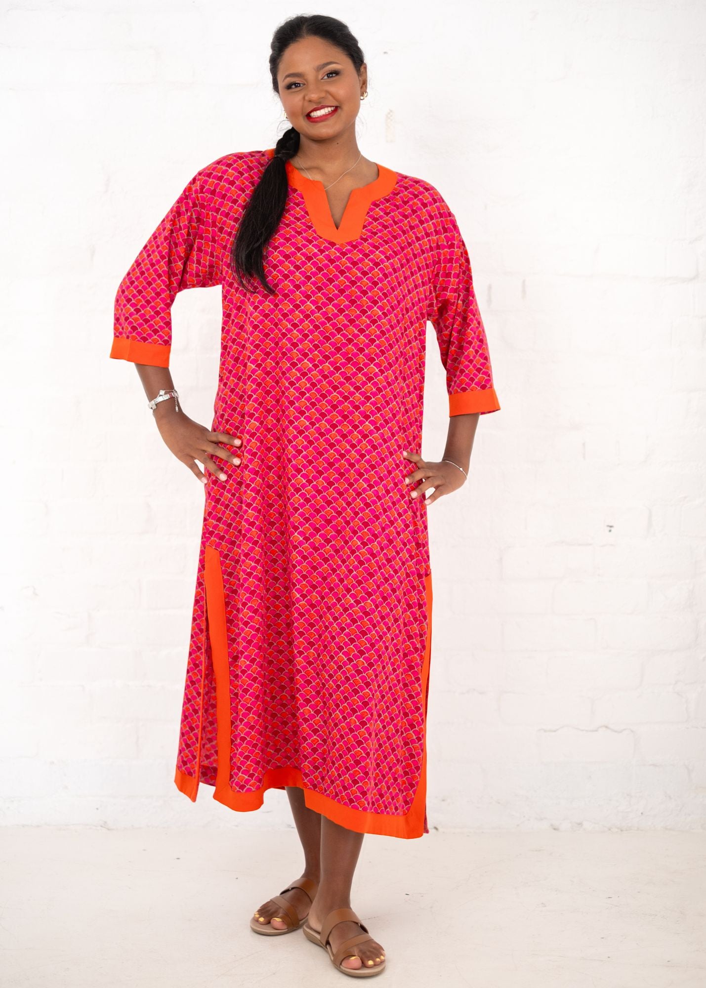 Princess Tunic dress in Magenta with burnt orange contrast