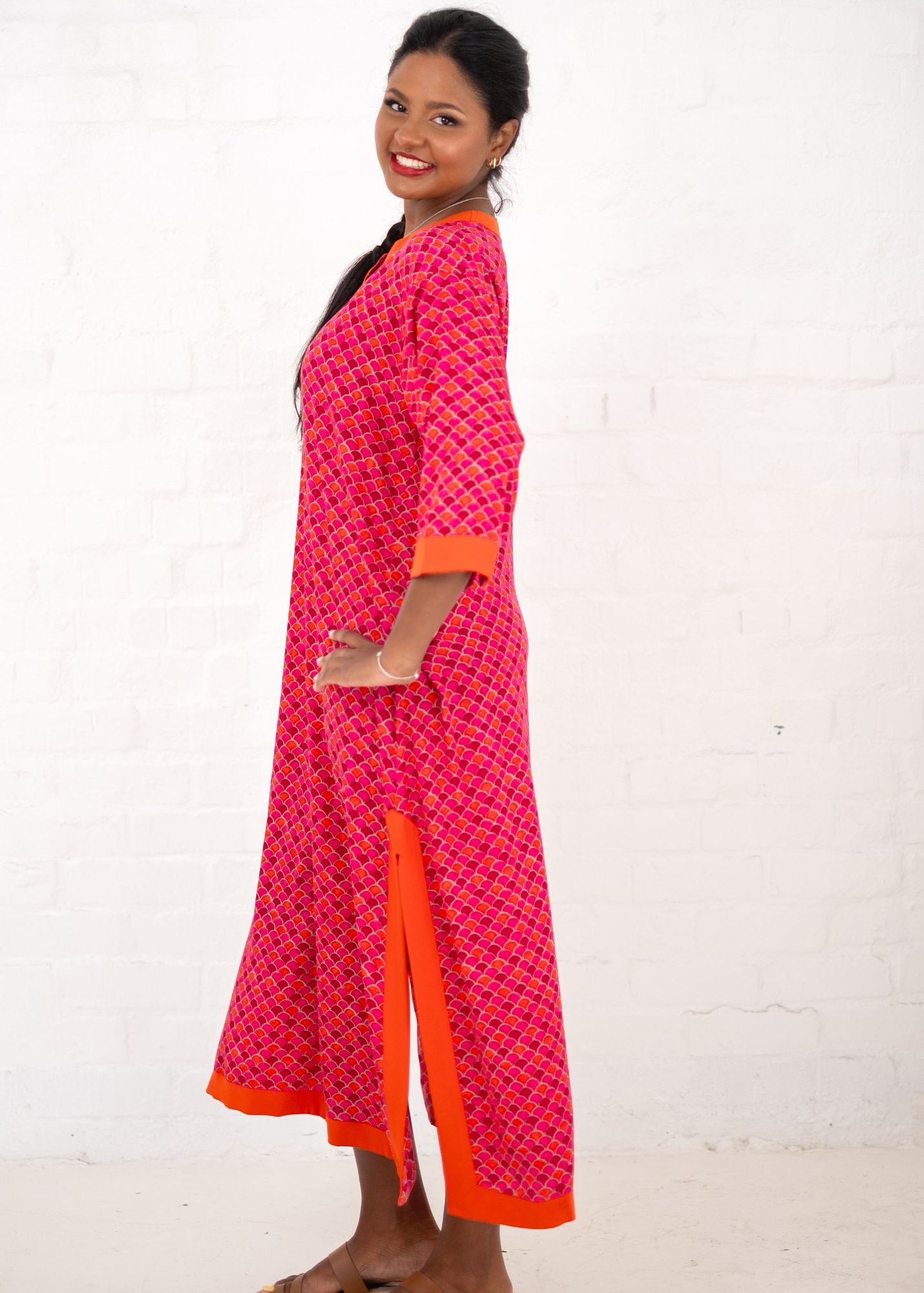Princess Tunic dress in Magenta with burnt orange contrast