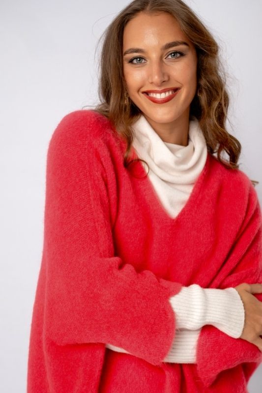 Poncho with Tulip Sleeve in Coral Red