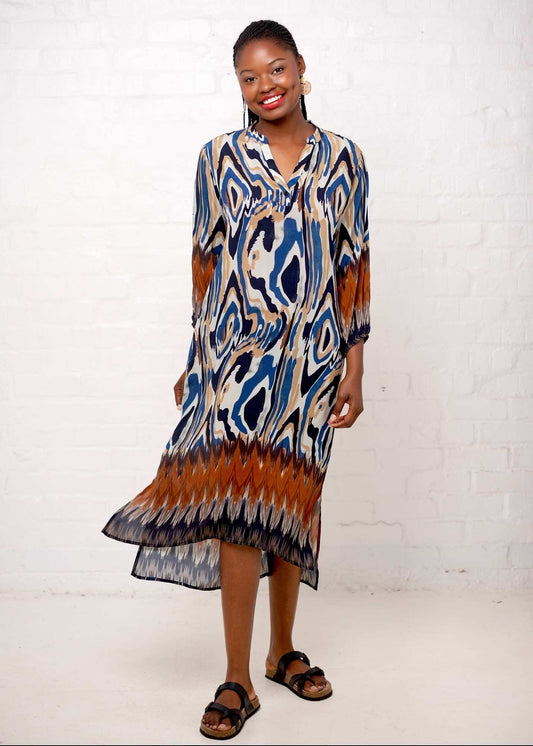Carli Dress in Taupe and Blue Marble Print