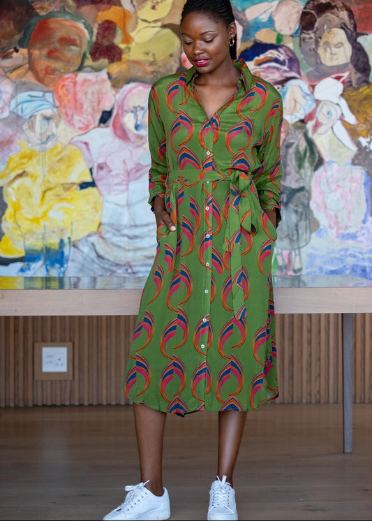Leila Dress in Green Swirls