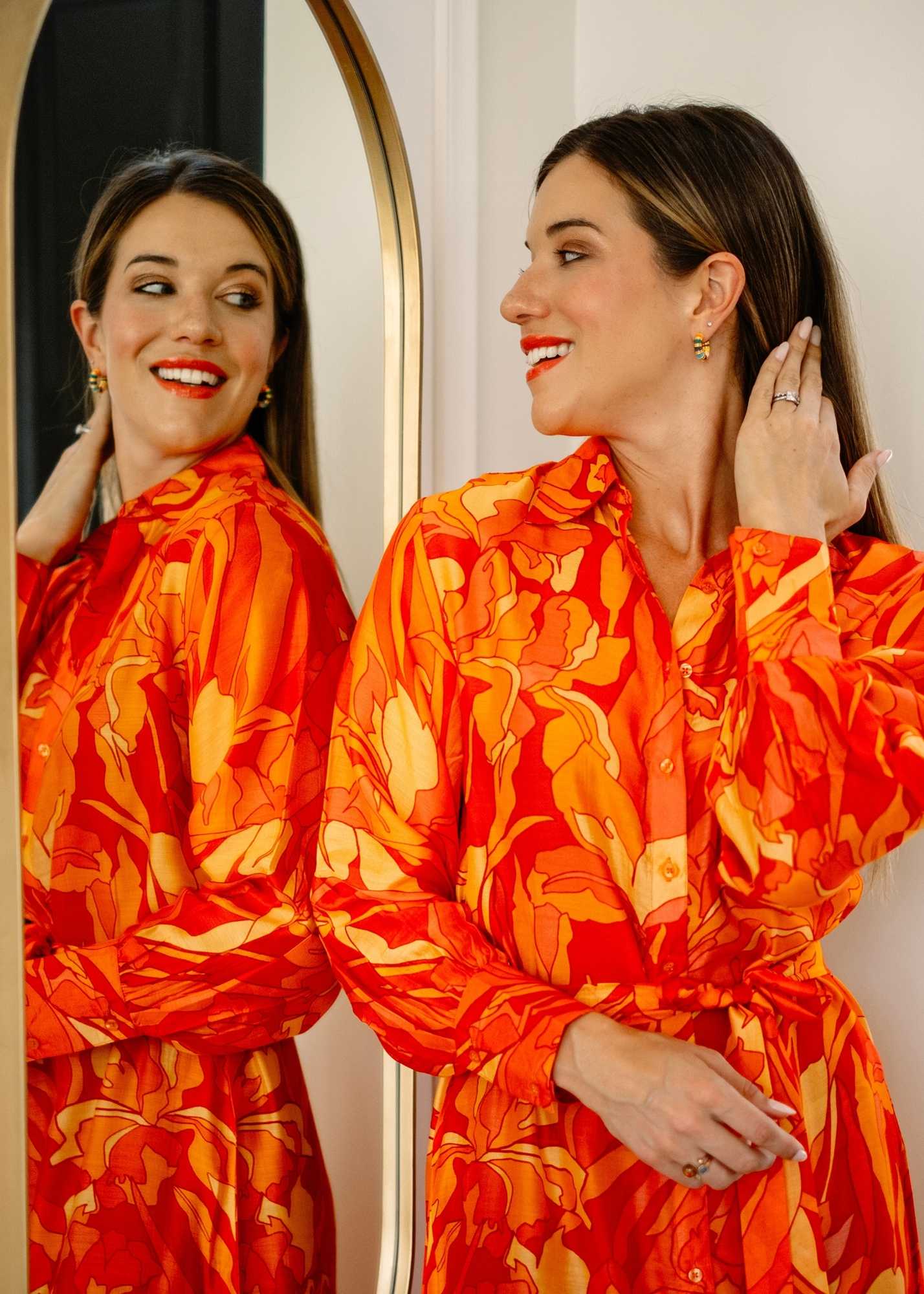 Celine Dress in Coral & orange leaves