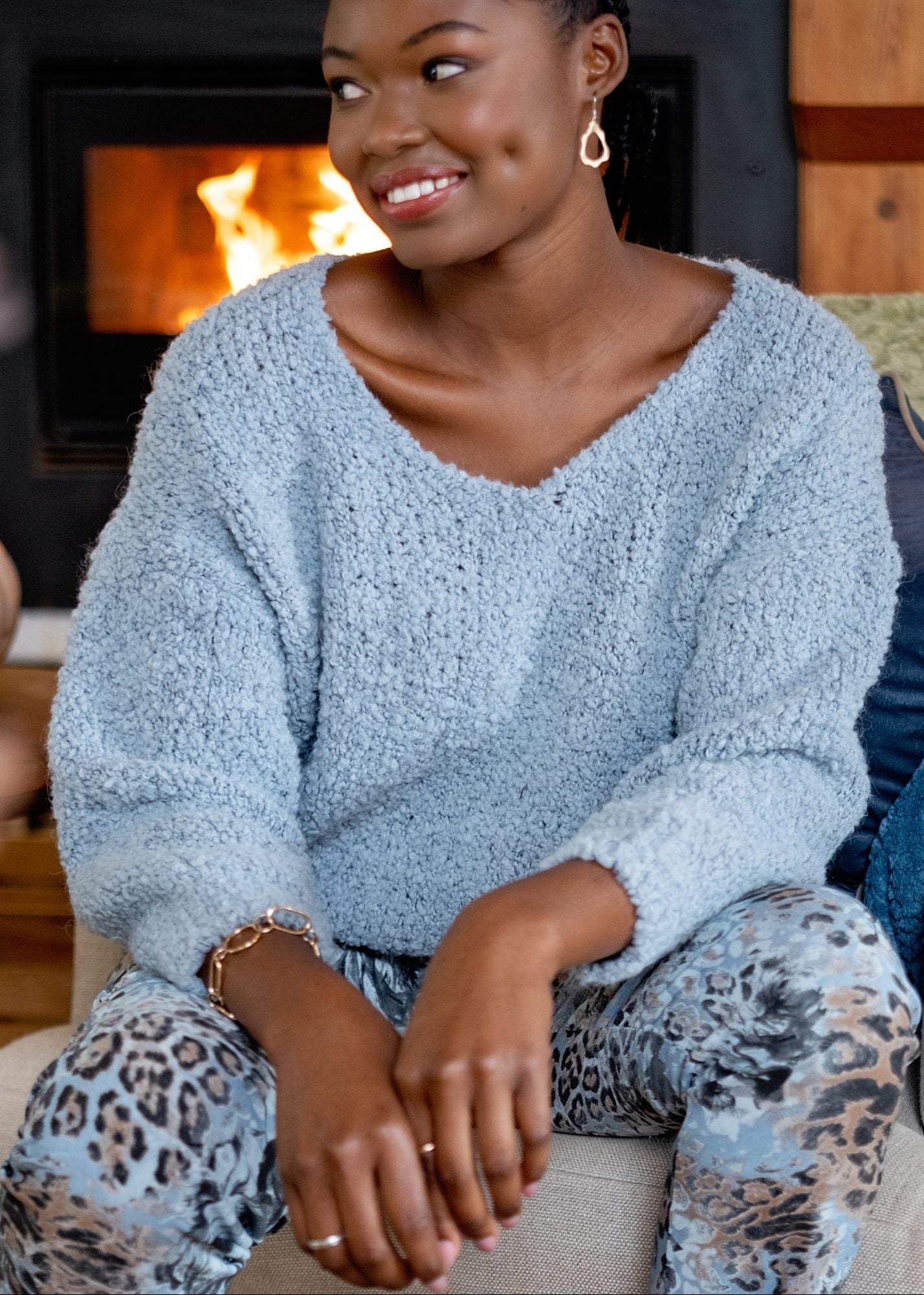 Chunky V-Neck Knit in Light Blue