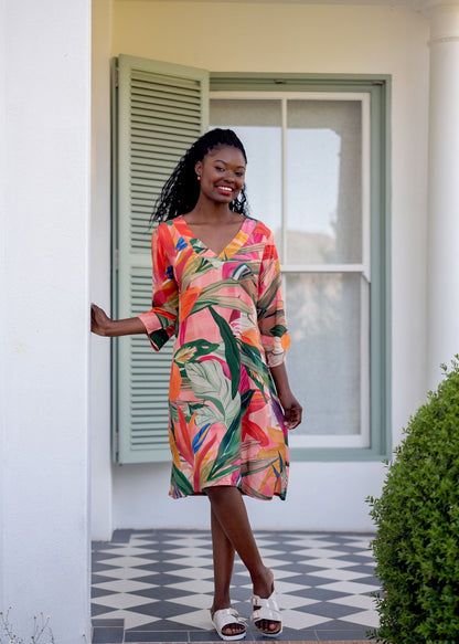 The Sipho Dress with Tucked Sleeve Detail in Olive and Coral