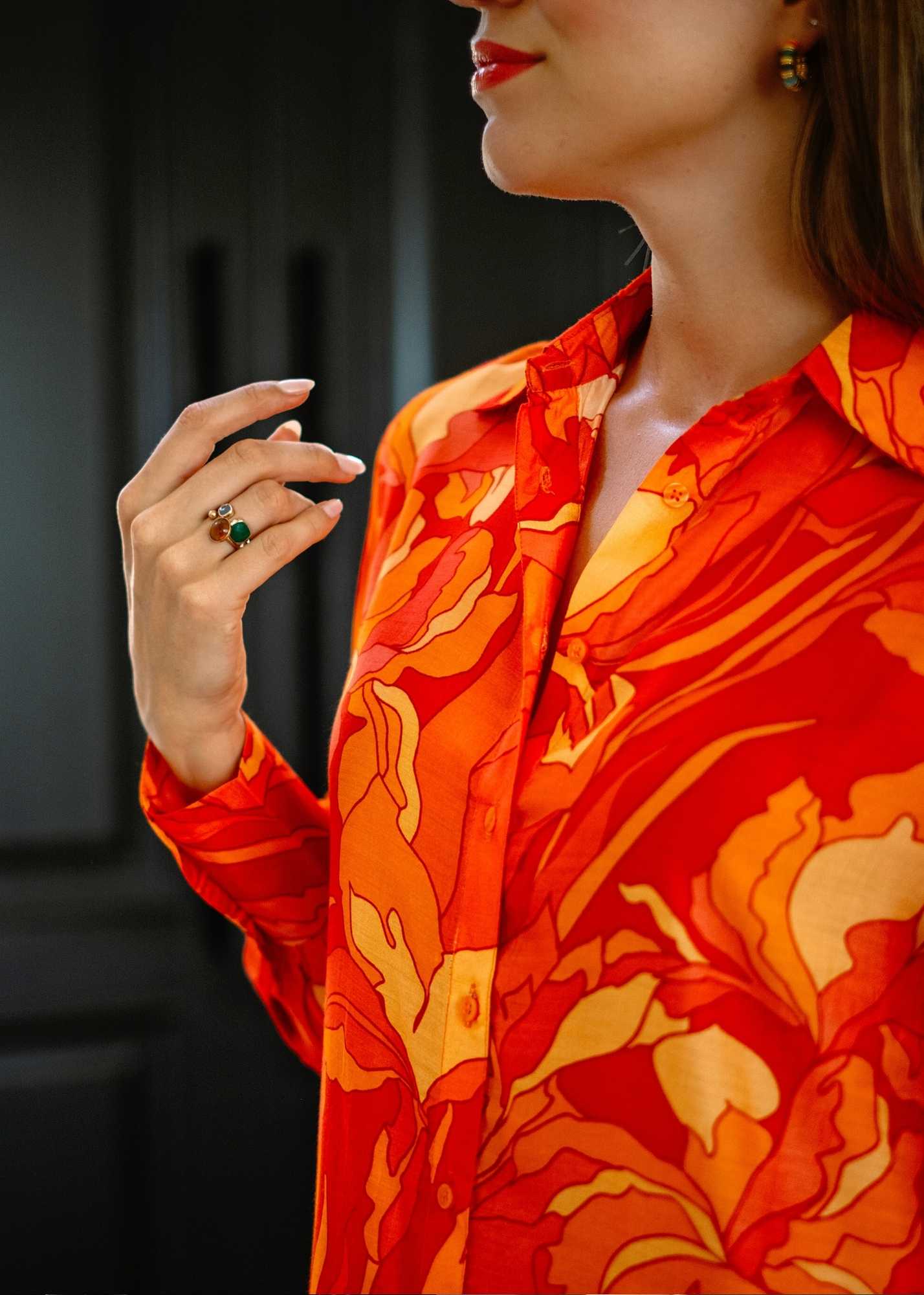 Celine Dress in Coral & orange leaves
