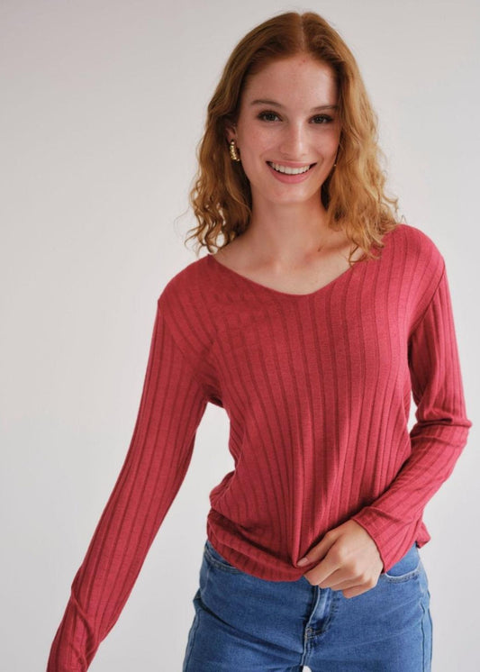 The Mila Ribbed Knit Top in Burnt Red