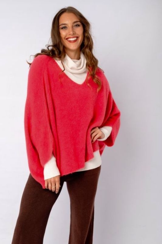 Poncho with Tulip Sleeve in Coral Red