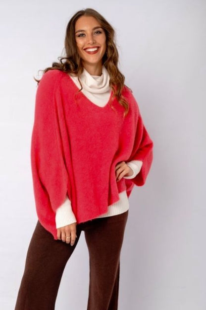 Poncho with Tulip Sleeve in Coral Red