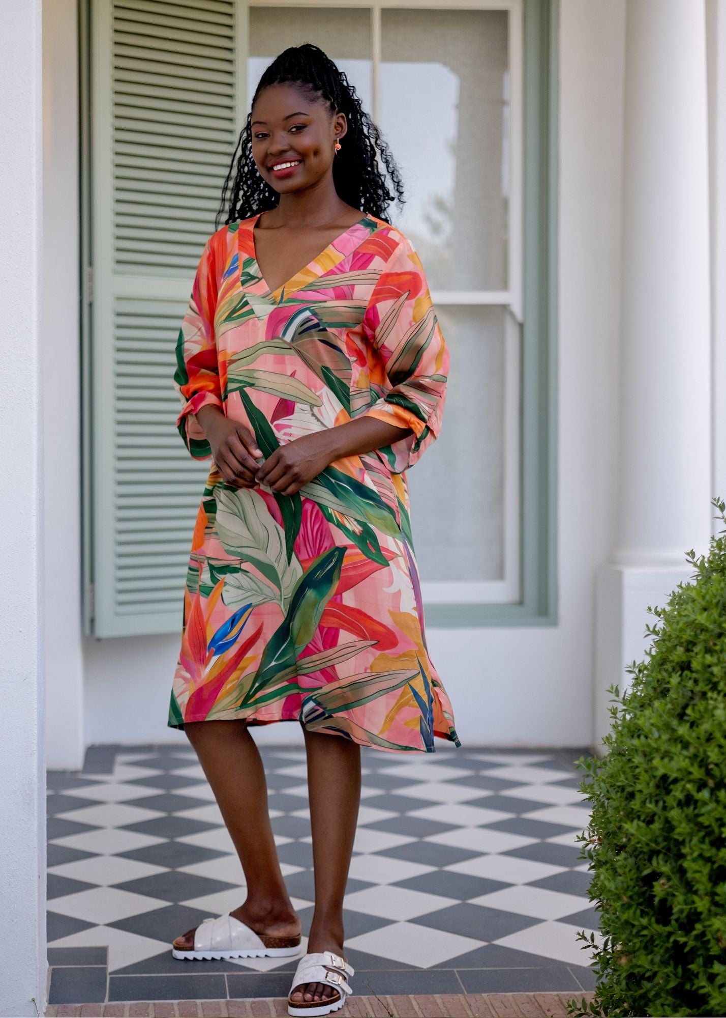 The Sipho Dress with Tucked Sleeve Detail in Olive and Coral