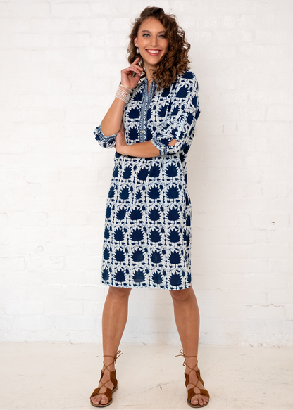 Mandarin Collar Dress in Navy Blue Ikat
