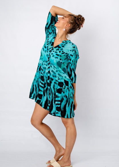 Amalfi Dress in Turquoise Animal Print