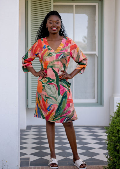 The Sipho Dress with Tucked Sleeve Detail in Olive and Coral