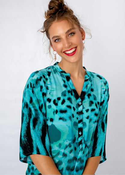 Amalfi Dress in Turquoise Animal Print