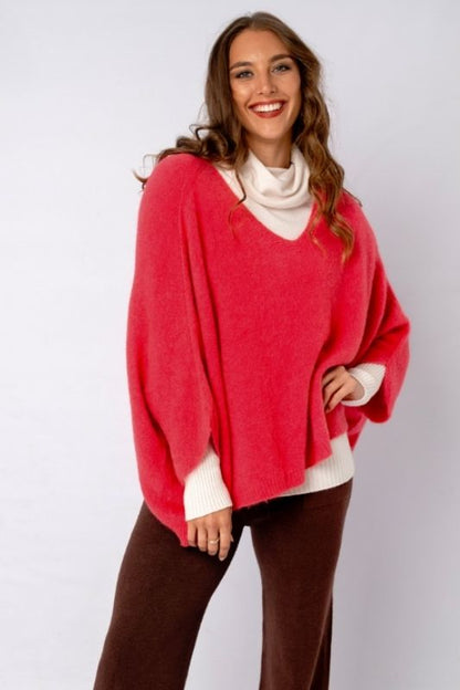 Poncho with Tulip Sleeve in Coral Red