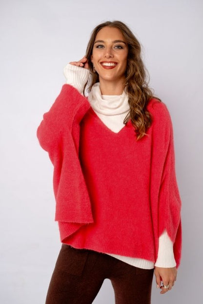 Poncho with Tulip Sleeve in Coral Red