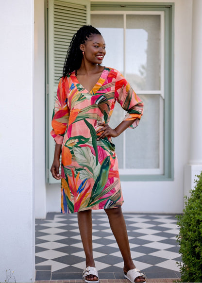 The Sipho Dress with Tucked Sleeve Detail in Olive and Coral