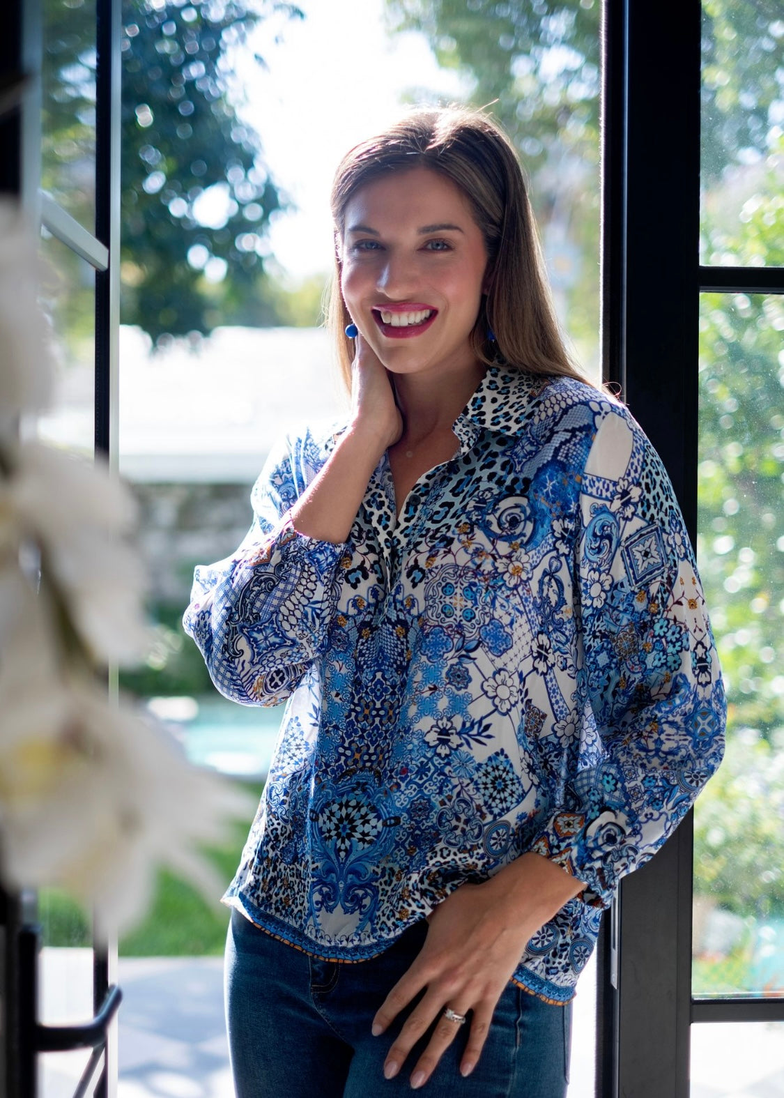 Morgan Blouse, Blue Tile Print