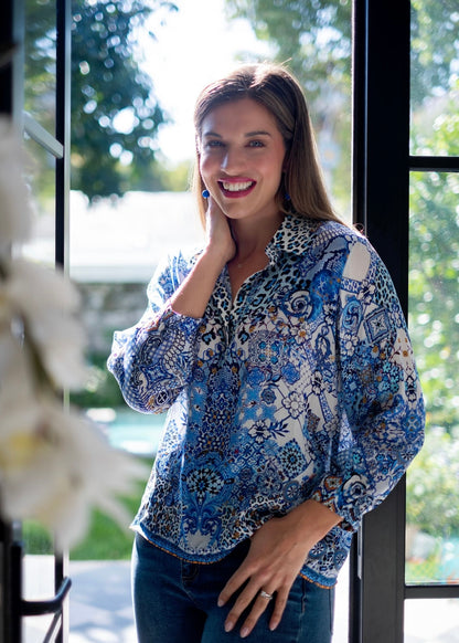 Morgan Blouse, Blue Tile Print
