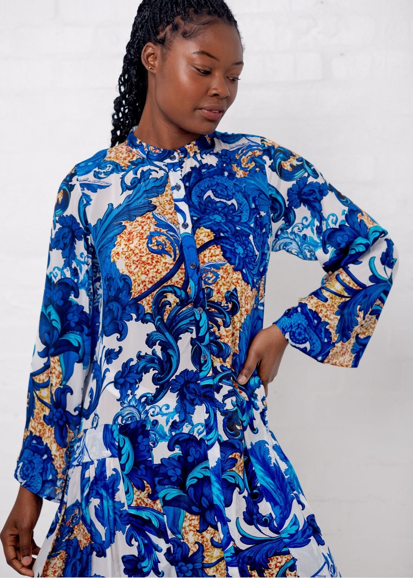 Amalfi Dress in Blue and Gold Fleur de Lys