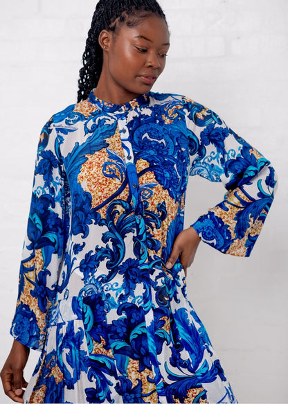 Amalfi Dress in Blue and Gold Fleur de Lys