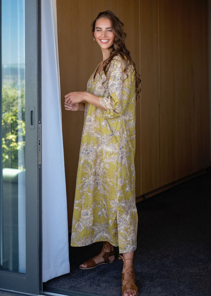 Gloria Dress with Tucked Sleeve Detail in Chartreuse Floral Print