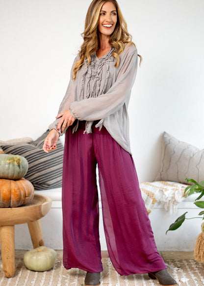 Sophia Silk Ruffle Blouse in Moonstone Grey