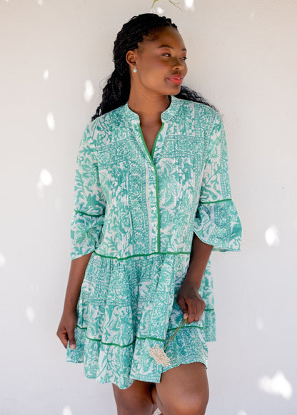 Valentina dress in Jade Leaves with Green Piping Detail