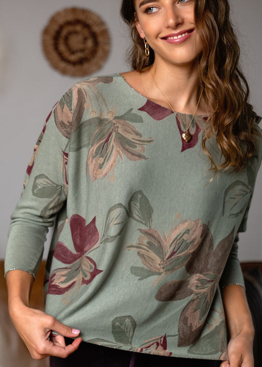 Silver Lining Round Neck Thin Knit Top in Olive and Maroon
