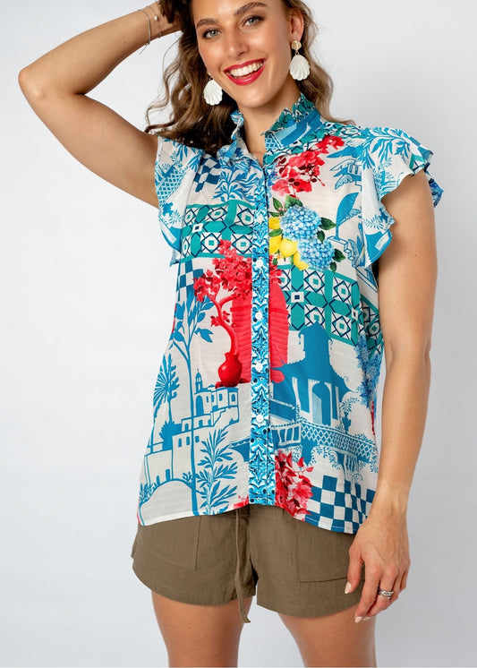 Paradise Blouse in Blue Lemons