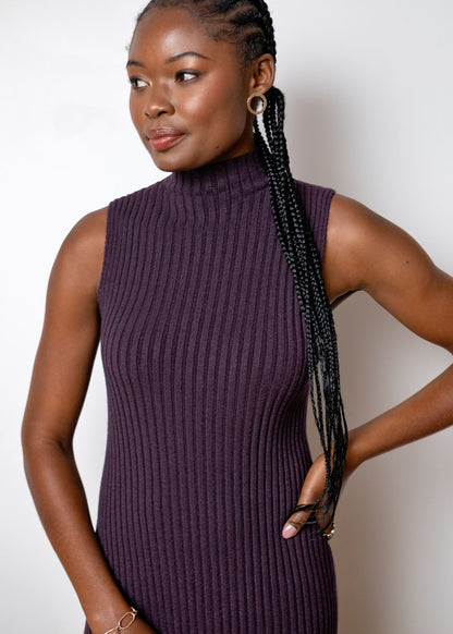 Urban Cozi Sleeveless Mock-Neck Knit Midi Dress in Bordeaux
