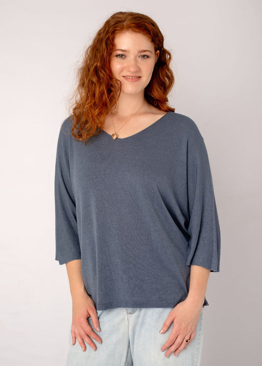Slouchy Susan Knitted 3/4 Sleeve Top in Blue Grey