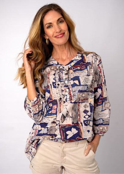 Lauren Comfy Top in Blue Botanical