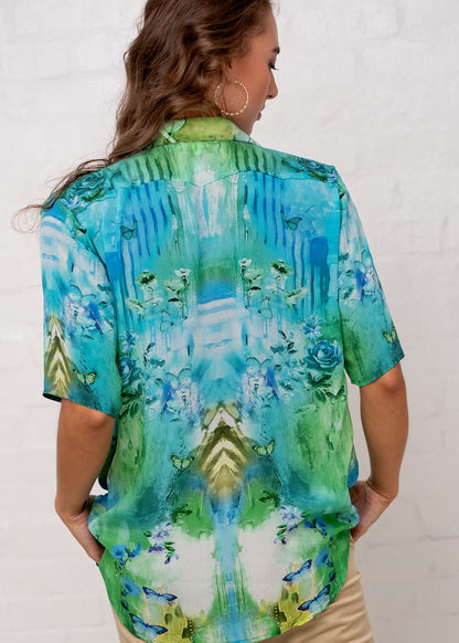 Molly Button down blouse in Green and Turquoise