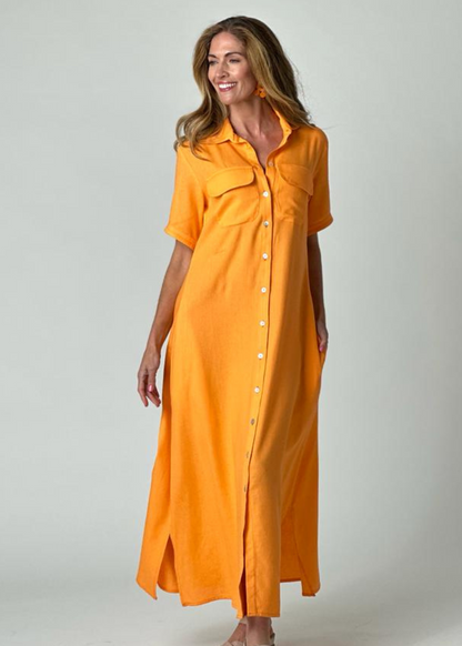 Betty Button dress in Orange linen