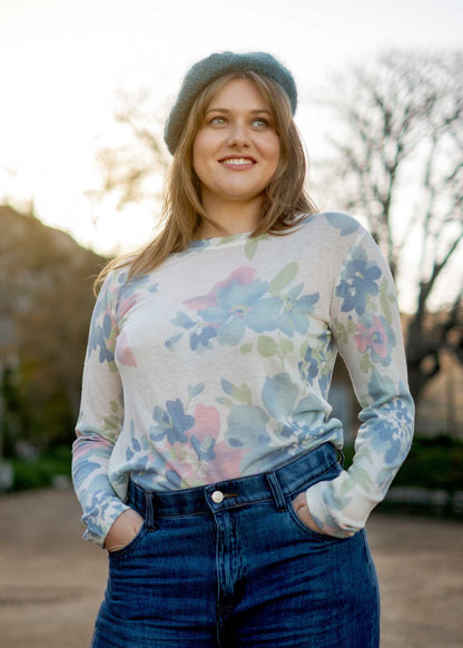 100% Wool Round Neck Long Sleeve Sweater in Blue and Pink Floral