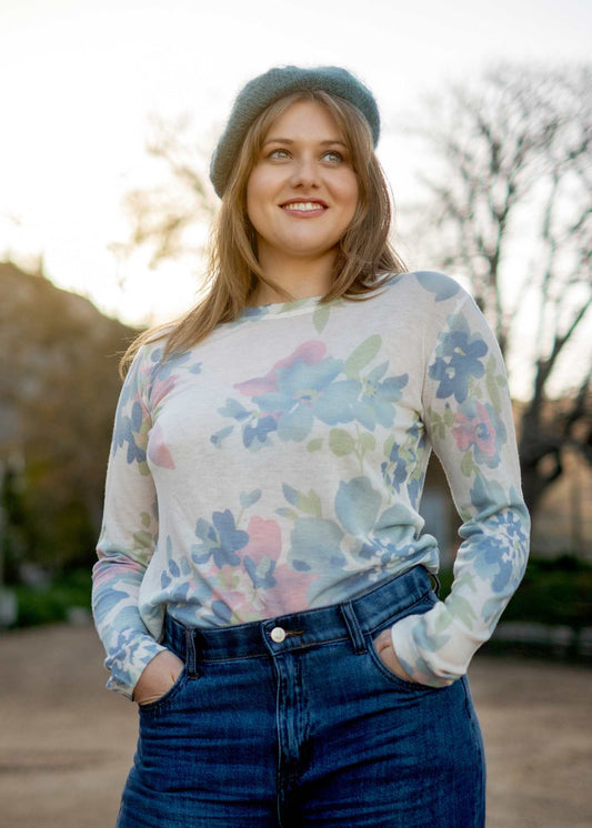 100% Wool Round Neck Long Sleeve Sweater in Blue and Pink Floral