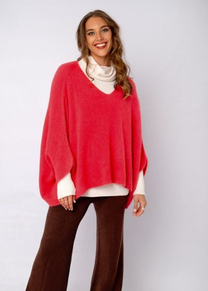 Poncho with Tulip Sleeve in Coral Red