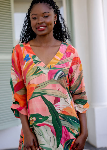 The Sipho Dress with Tucked Sleeve Detail in Olive and Coral