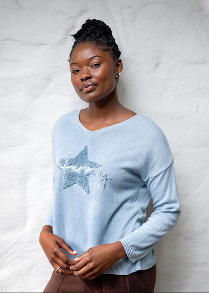 Honey Star Embellished V-Neck Knitted Top – Sky Blue