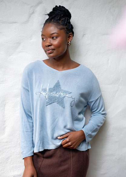 Honey Star Embellished V-Neck Knitted Top – Sky Blue