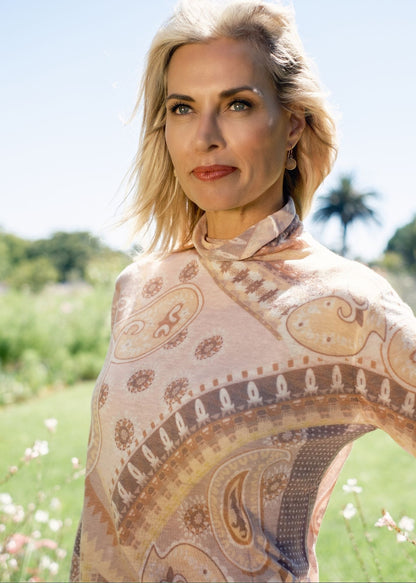 100% Wool Turtle Neck Long Sleeve Sweater in Taupe Paisley