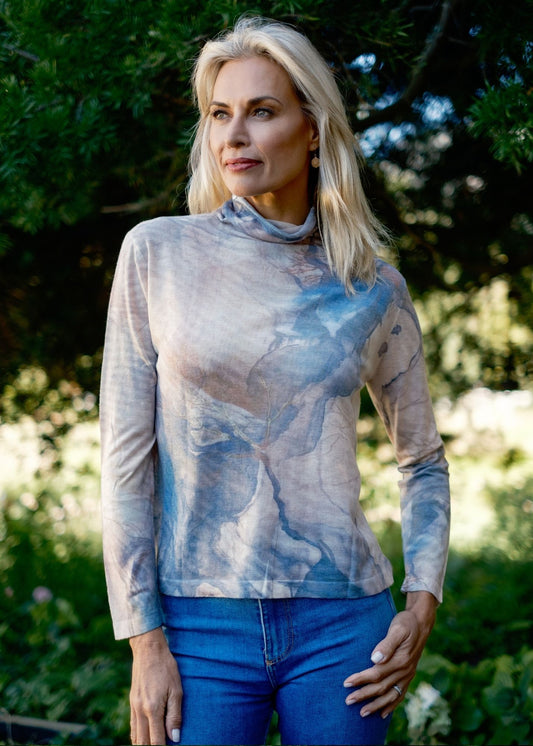 100% Wool Turtle Neck Long Sleeve Sweater in Water colour Blue Trees
