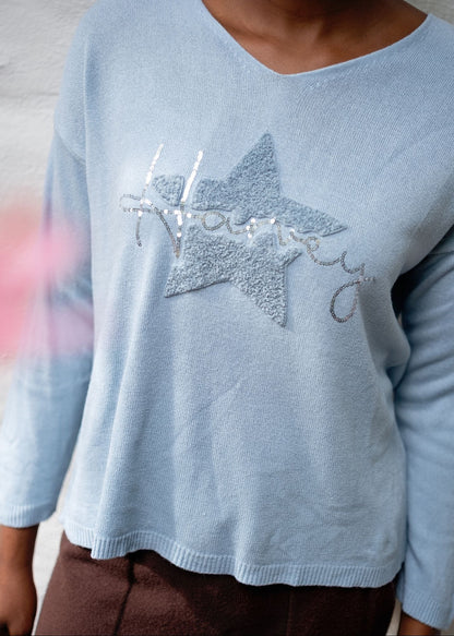 Honey Star Embellished V-Neck Knitted Top – Sky Blue