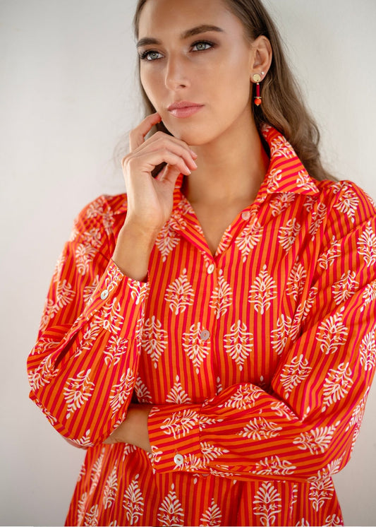 Button down blouse in Pink and Orange Stripes