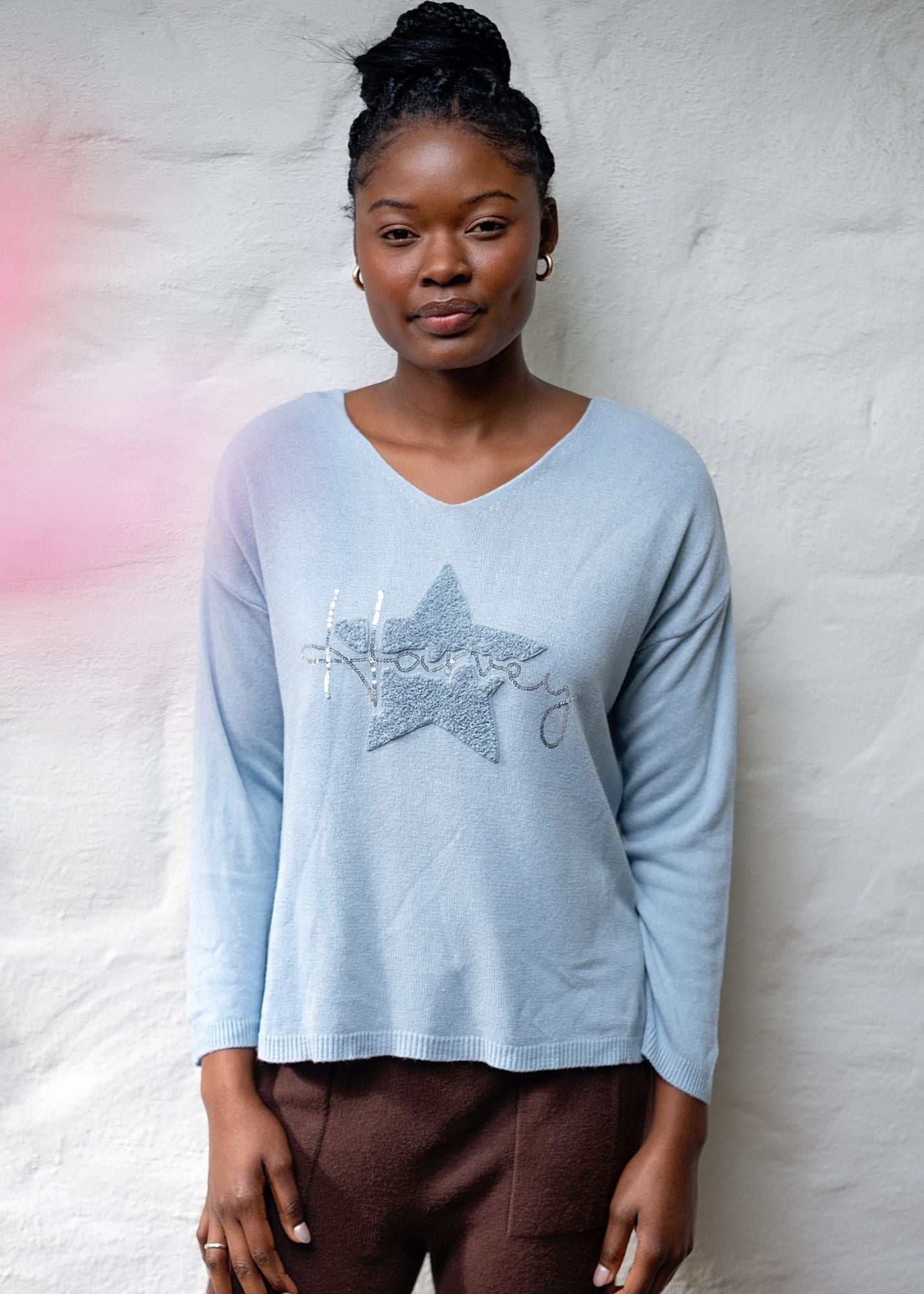 Honey Star Embellished V-Neck Knitted Top – Sky Blue