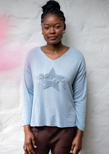 Honey Star Embellished V-Neck Knitted Top – Sky Blue