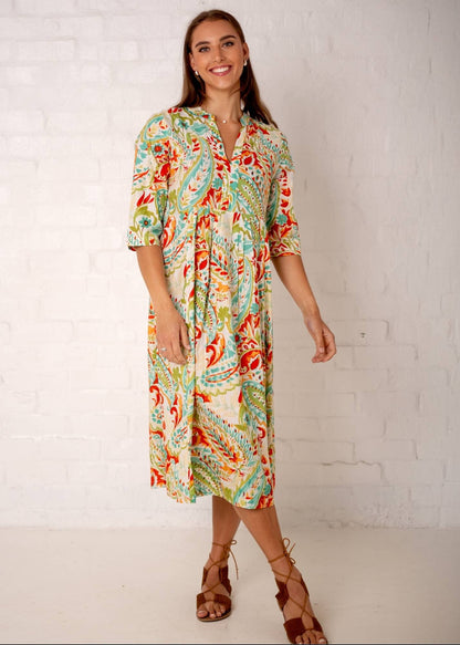 Lee-Ann pleated dress Long, Coral and Green Paisley